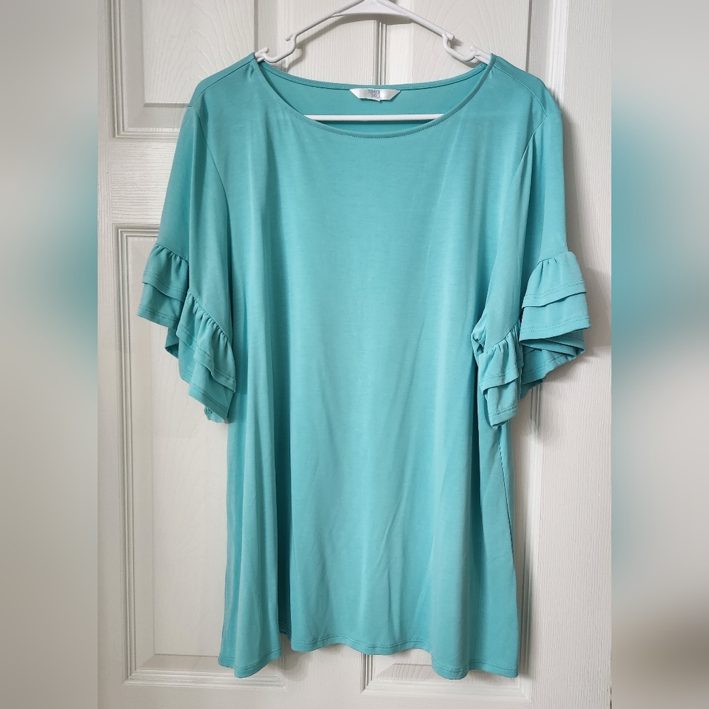 Time And Tru Aqua Ruffle Sleeve Women's Top